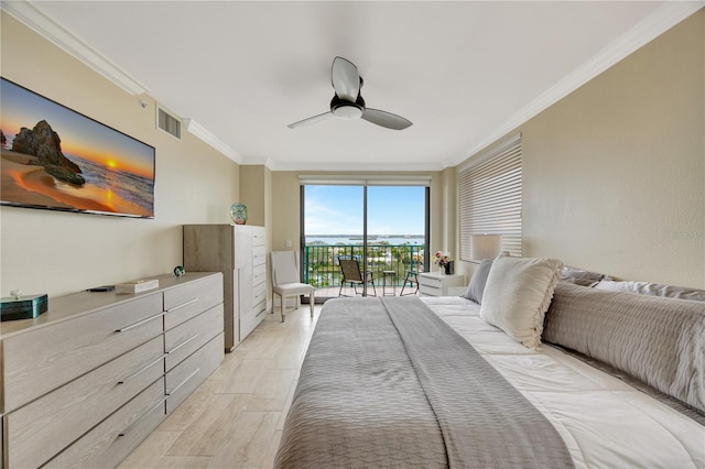 bedroom featuring access to exterior, ornamental molding, ceiling fan, and light wood-type flooring