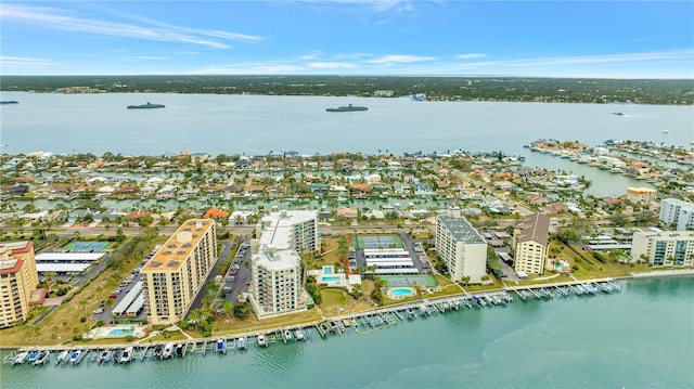 drone / aerial view featuring a water view