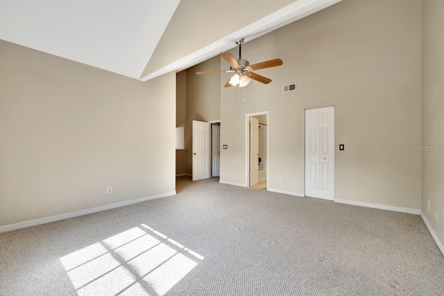 interior space featuring high vaulted ceiling and ceiling fan