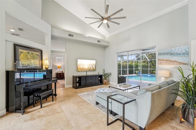 living room with crown molding, ceiling fan, and high vaulted ceiling