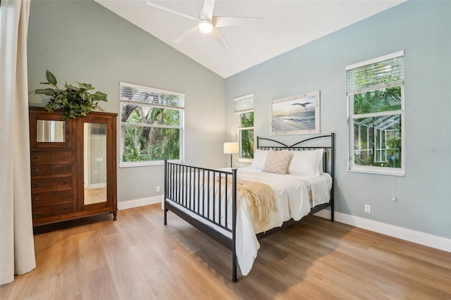 bedroom with lofted ceiling, baseboards, and wood finished floors