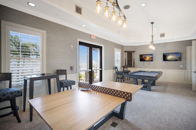 game room featuring pool table, carpet floors, a raised ceiling, and french doors