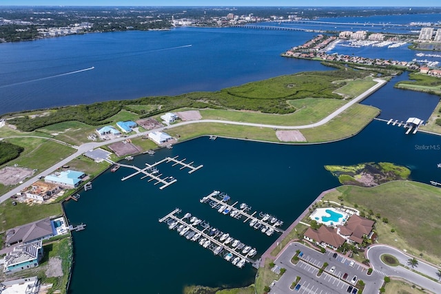 aerial view featuring a water view