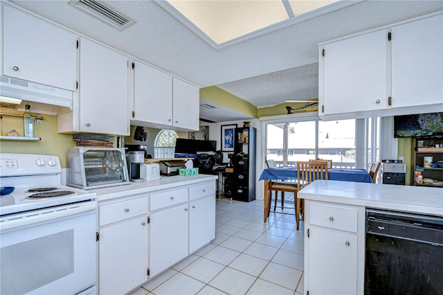 kitchen featuring white cabinetry, light tile patterned floors, and white range with electric stovetop