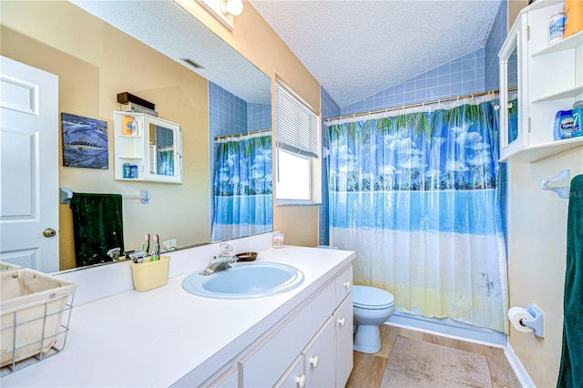 bathroom featuring vaulted ceiling, vanity, a textured ceiling, and toilet