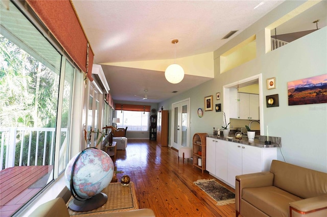 living room with lofted ceiling and dark hardwood / wood-style floors