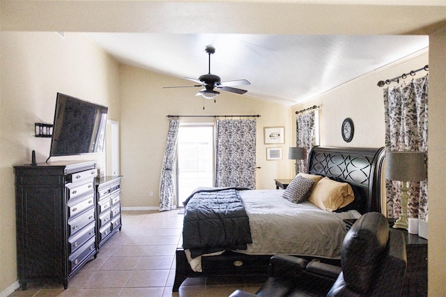 bedroom featuring light tile patterned floors, ceiling fan, baseboards, and vaulted ceiling