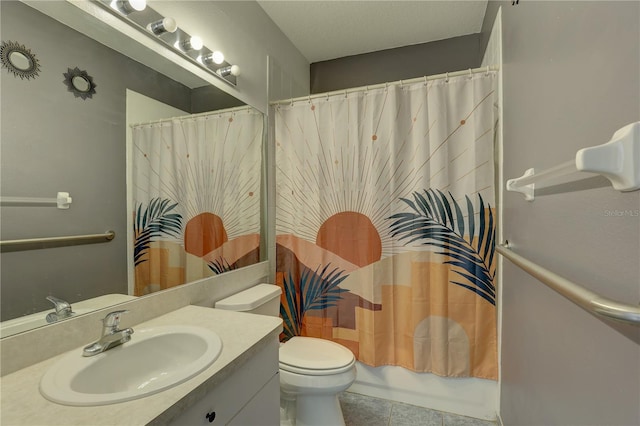 full bathroom with toilet, vanity, tile patterned floors, and shower / bath combo with shower curtain