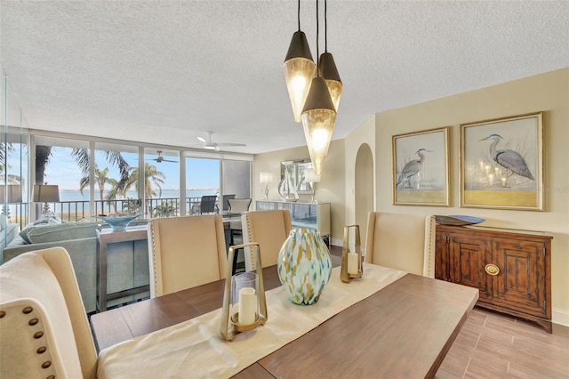 dining room featuring expansive windows, ceiling fan, and a textured ceiling