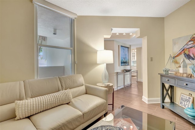 living room with hardwood / wood-style floors and a textured ceiling