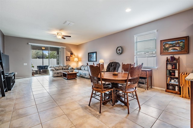 dining area with ceiling fan, light tile patterned flooring, recessed lighting, visible vents, and baseboards