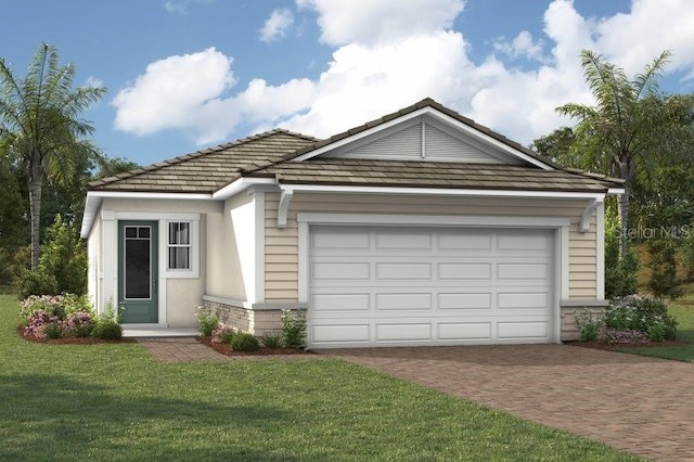 ranch-style home featuring a garage and a front yard