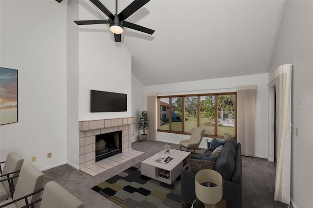 carpeted living area with high vaulted ceiling, a fireplace, baseboards, and ceiling fan