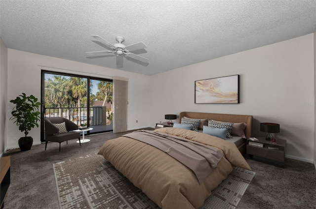 carpeted bedroom with access to exterior, a ceiling fan, baseboards, and a textured ceiling