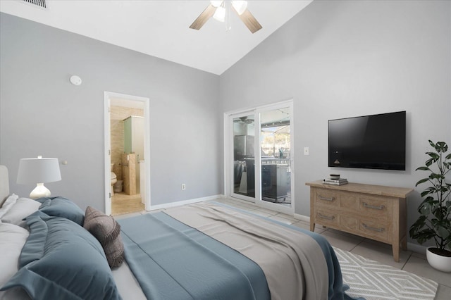 bedroom with light tile patterned flooring, high vaulted ceiling, access to exterior, ceiling fan, and ensuite bath