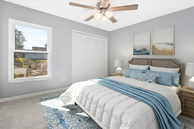 bedroom featuring ceiling fan and a closet