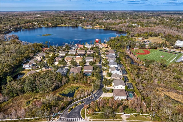 drone / aerial view with a water view