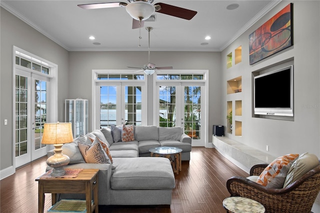 living room with french doors, ceiling fan, ornamental molding, and dark hardwood / wood-style flooring