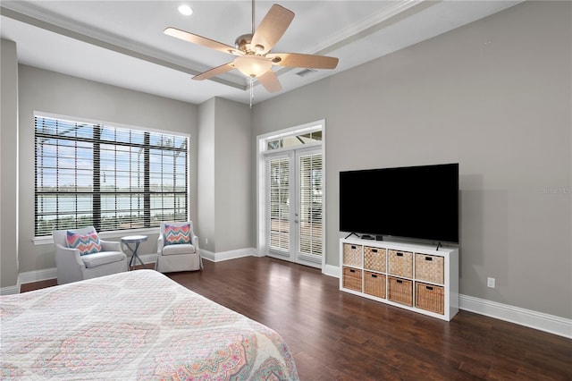 bedroom with access to outside, dark hardwood / wood-style floors, and ceiling fan