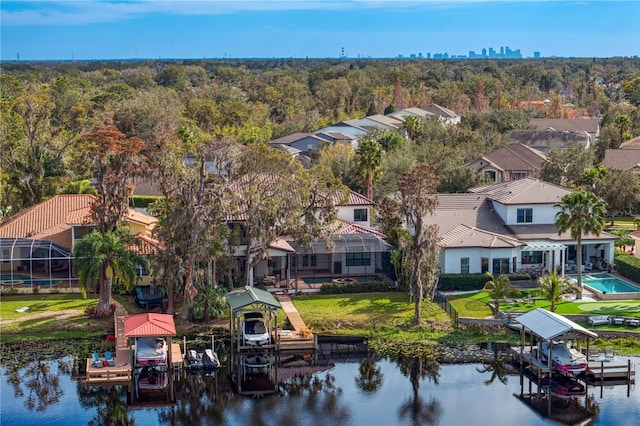 drone / aerial view with a water view