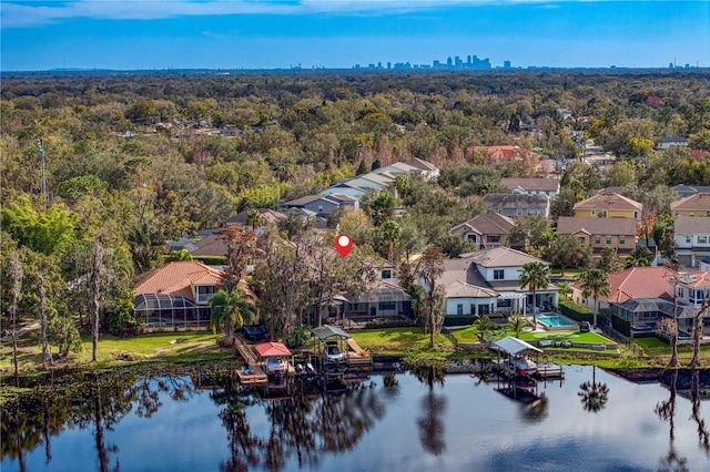 aerial view featuring a water view