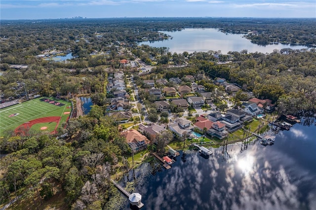 drone / aerial view featuring a water view