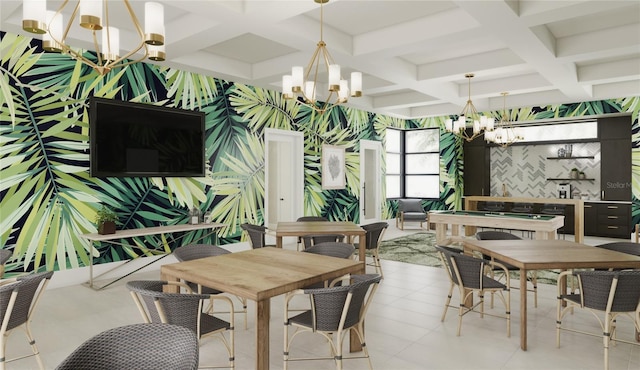 dining room with coffered ceiling, a chandelier, and billiards