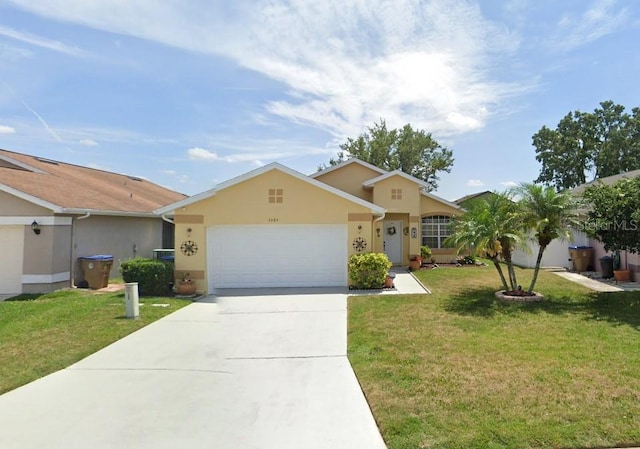 ranch-style house with a garage and a front lawn