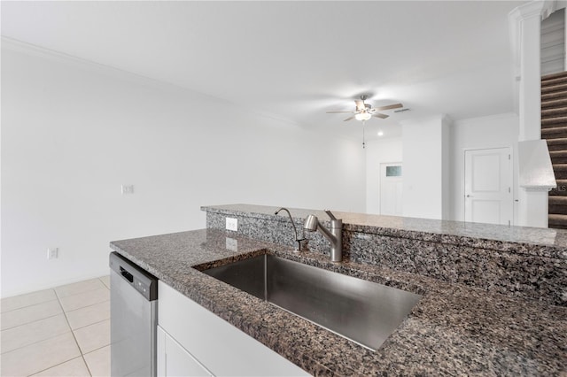 kitchen featuring white cabinetry, sink, ornamental molding, stainless steel dishwasher, and ceiling fan