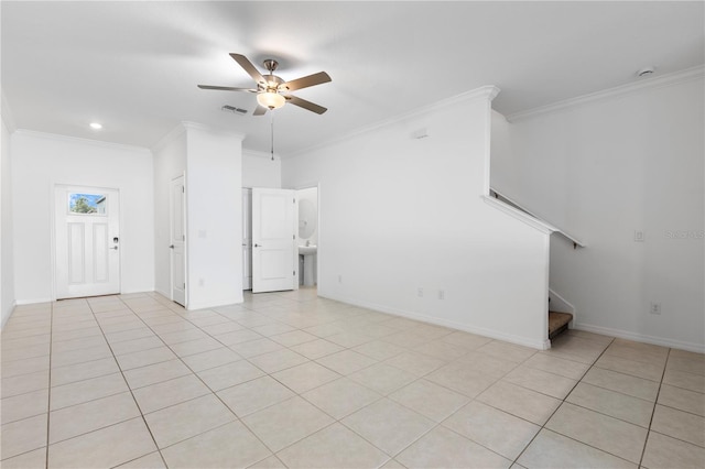 unfurnished living room with light tile patterned floors, crown molding, and ceiling fan