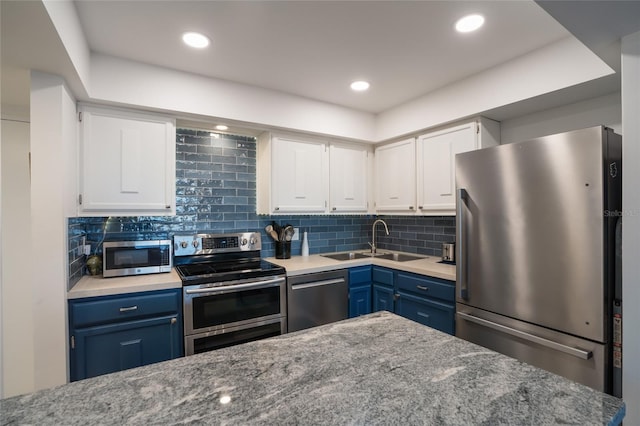 kitchen featuring sink, stainless steel appliances, white cabinets, and blue cabinets