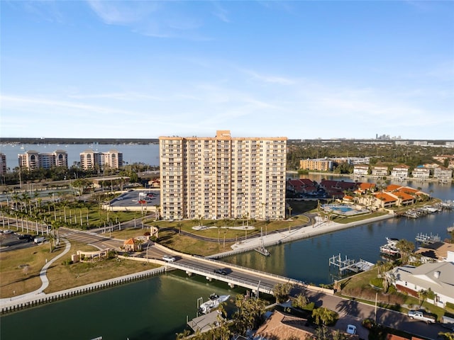 drone / aerial view featuring a water view