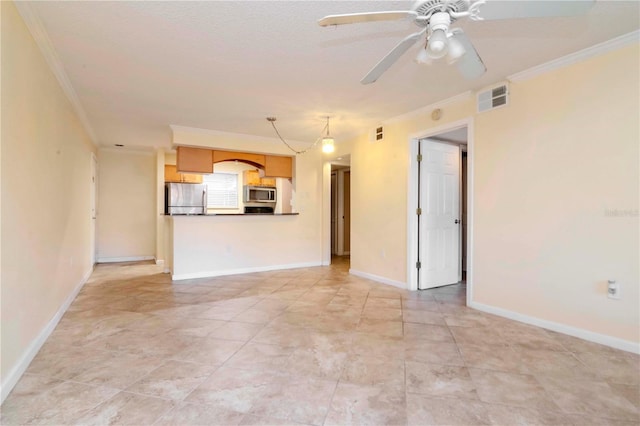 unfurnished living room featuring ornamental molding, light tile patterned floors, and ceiling fan