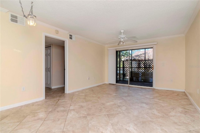 unfurnished room featuring ornamental molding, ceiling fan with notable chandelier, and a textured ceiling