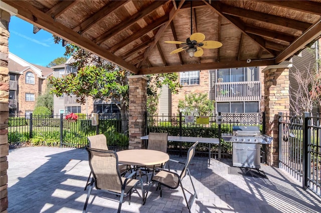 view of patio / terrace with a gazebo, a grill, and ceiling fan