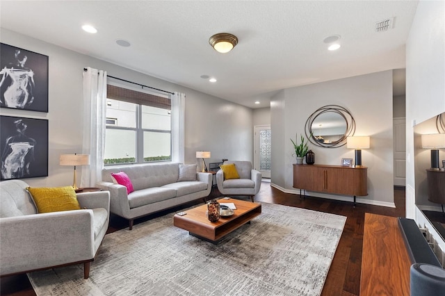 living room featuring dark wood-type flooring