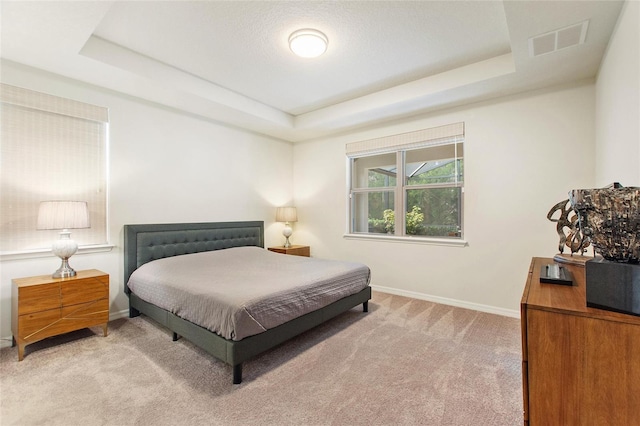 carpeted bedroom with a raised ceiling