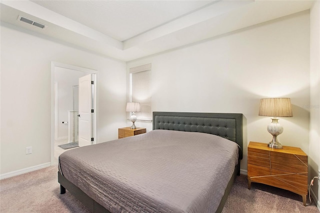 carpeted bedroom featuring a raised ceiling