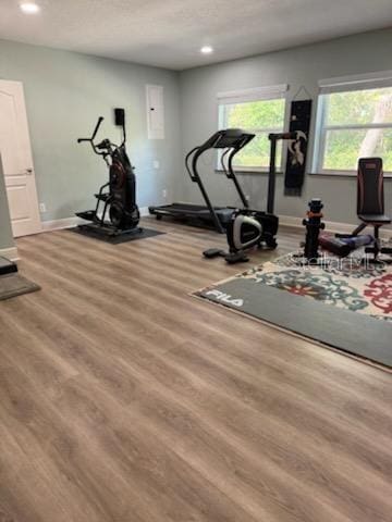 workout area with light hardwood / wood-style flooring