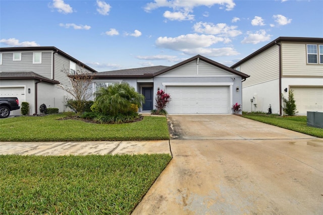 front of property with a garage, central AC, and a front lawn