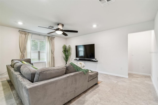 6684 Devlin Ln, Wesley Chapel, FL 33545 - living room with recessed lighting, visible vents, a ceiling fan, and baseboards