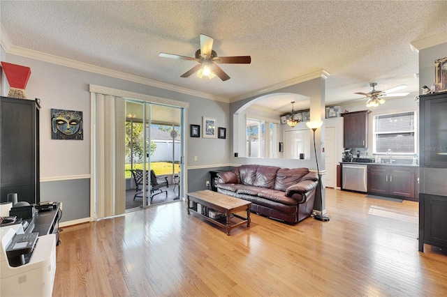 living room featuring sink, ornamental molding, light hardwood / wood-style floors, a textured ceiling, and ceiling fan with notable chandelier