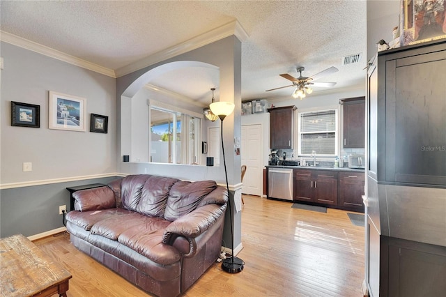 living room featuring crown molding, plenty of natural light, sink, and light hardwood / wood-style flooring