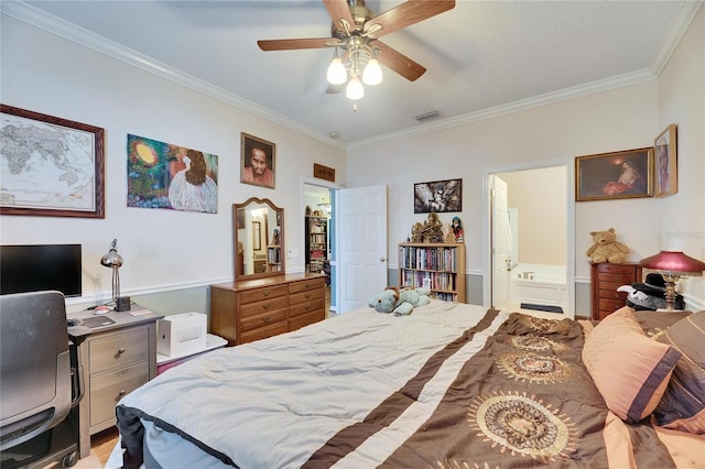 bedroom featuring crown molding, ceiling fan, and ensuite bathroom