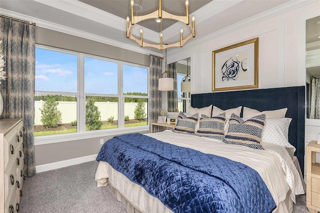 bedroom with crown molding and carpet