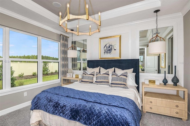 bedroom with multiple windows, crown molding, and carpet flooring