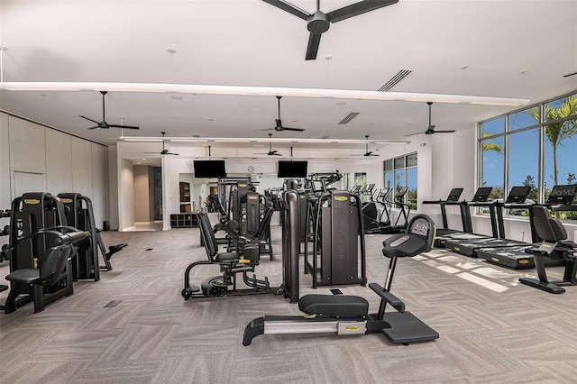 gym with expansive windows, light carpet, and ceiling fan