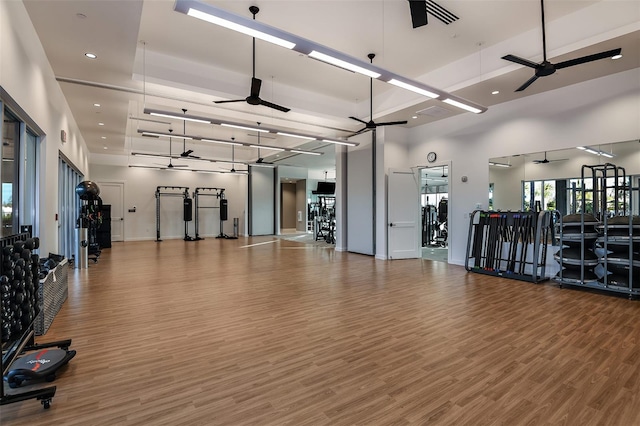 exercise room with a high ceiling, hardwood / wood-style floors, and ceiling fan