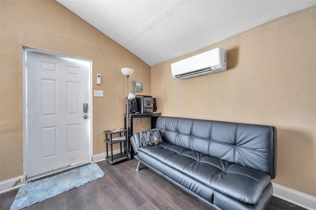 living room with dark wood-type flooring, lofted ceiling, and a wall mounted air conditioner