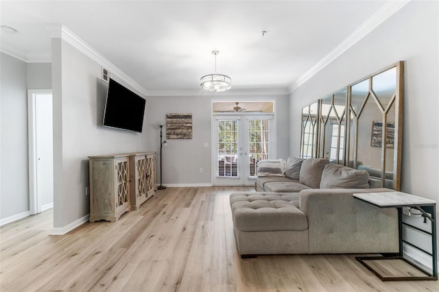 1203 Bay Club Cir Unit 1203, Tampa, FL 33607 - living area featuring french doors, light wood-style floors, ornamental molding, baseboards, and ceiling fan